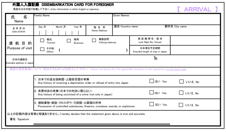 Entry card to Japan